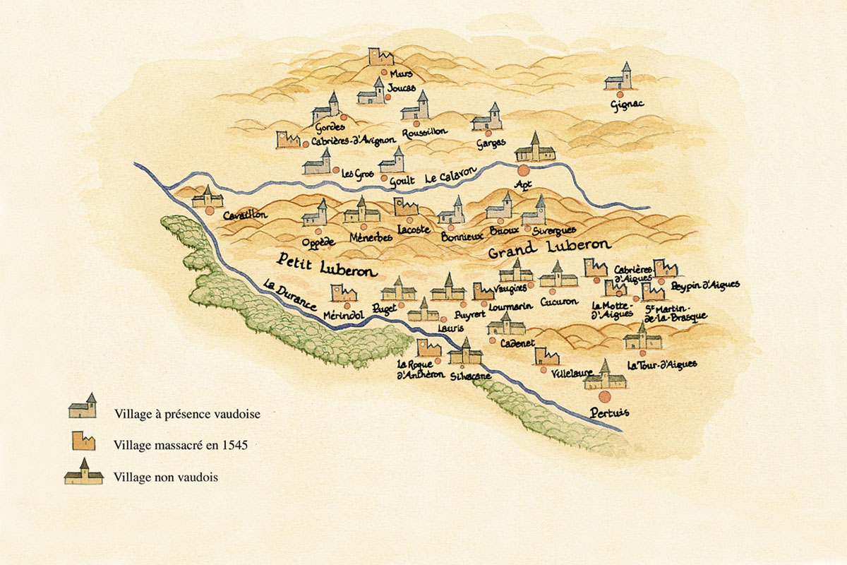 Les villages vaudois du Luberon (Dessin JM Kacedan - Gallimard)