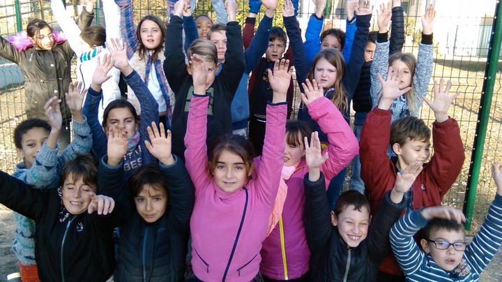 L’ensemble des enfants Les élèves lors de la plantation de l'olivier