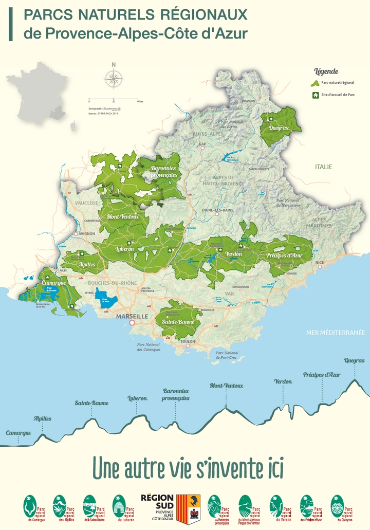 Carte des Parcs naturels régionaux de Provence-Alpes-Côte d'Azur (Crédits : Autrement Dit et SIT PNR PACA)