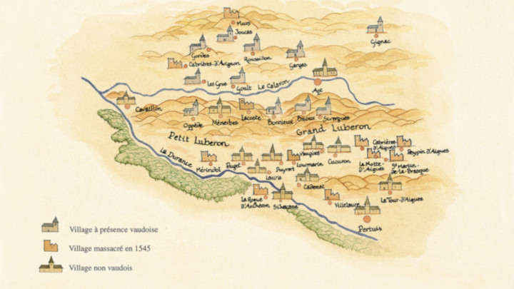 Les villages vaudois du Luberon (dessin JM Kacedan - Gallimard)
